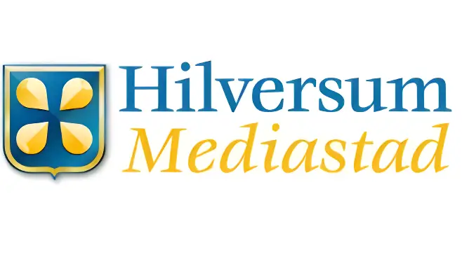 Logo van Hilversum Mediastad met een schildembleem en een gestileerd vlindersymbool.