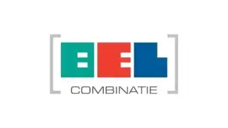 Logo van belcombinatie, met de letters "bel" in rood en blauw binnen een grijze rechthoekige rand met daaronder het woord "combinatie".