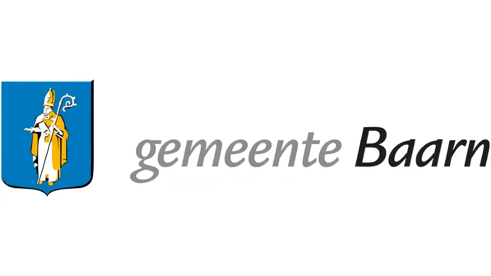 Logo van de gemeente baarn met een blauw-wit schild met een bisschop die een staf vasthoudt, naast de tekst "gemeente baarn" in grijs.