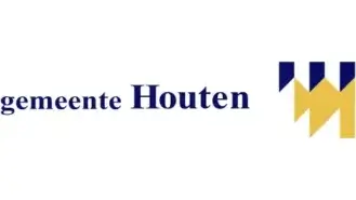 Logo van de gemeente Houten, met aan de rechterkant de tekst gemeente houten in blauw met aan de rechterkant een gestileerd kroonmotief in geel en blauw.