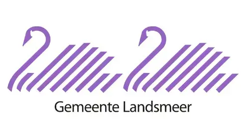 Logo van gemeente landsmeer met twee gestileerde paarse vraagtekens met horizontale strepen.