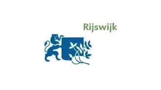 Logo van rijswijk met een gestileerde blauwe leeuw naast een schild en een tak met bladeren op een witte achtergrond.
