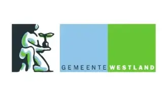 Logo van gemeente westland met een gestileerde witte figuur die een ploeg trekt op een zwarte achtergrond, naast de naam in blauwe en groene blokken.