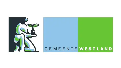 Logo van gemeente westland met een gestileerde witte figuur die een ploeg trekt op een zwarte achtergrond, naast de naam in blauwe en groene blokken.