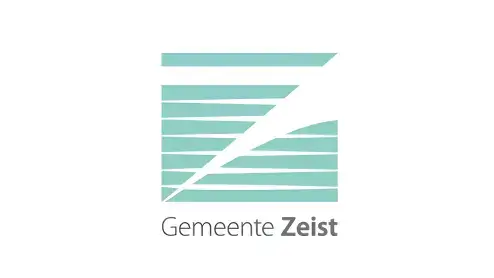 Logo van gemeente zeist met een abstract ontwerp met blauwgroen strepen die een gestileerde 'z' vormen boven de tekst 'gemeente zeist.