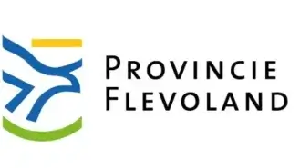Logo van provincie Flevoland met een gestileerde vogel in blauw en groen met de naam ernaast.