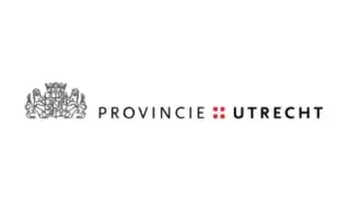 Logo van provincie utrecht met links een gedetailleerd wapen en rechts de naam "provincie utrecht" naast twee rode vierkantjes.