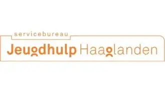 Logo van jeugdhulp haaglanden, met de naam in moderne typografie binnen een oranje rechthoekige omtrek met daarboven het woord "servicebureau" in een kleiner lettertype.