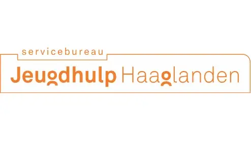 Logo van jeugdhulp haaglanden, met de naam in moderne typografie binnen een oranje rechthoekige omtrek met daarboven het woord "servicebureau" in een kleiner lettertype.