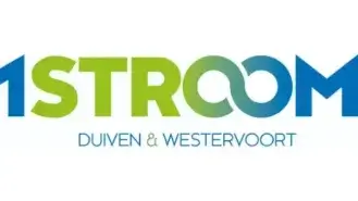 Logo van 1stroom, voorzien van gestileerde blauwe en groene tekst, met daaronder de slogan "duiven & westervoort".