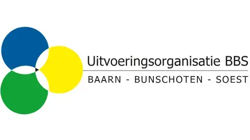 Logo van uitvoeringsorganisatie bbs met drie in elkaar grijpende cirkels in blauw, groen en geel, met daaronder de tekst "baarn - bunschoten - soest".