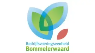 Logo van de bedrijfseenheid bommelerwaard, met een gestileerde vlinder in blauw, groen en rood op een witte achtergrond.