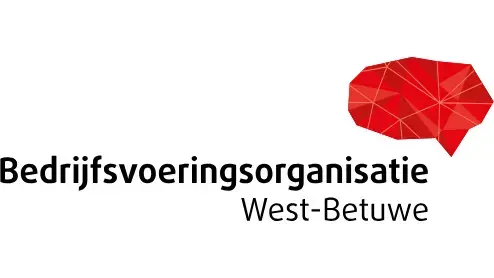 Logo van de bedrijfsorganisatie west-betuwe met een rode geometrische vorm en de naam van de organisatie in zwarte tekst.