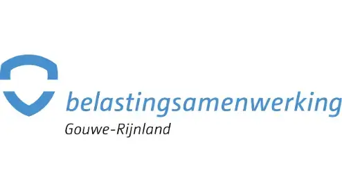 Logo van belastingsamenwerking gouwe-rijnland met een blauw rond embleem naast de naam in blauwe tekst.