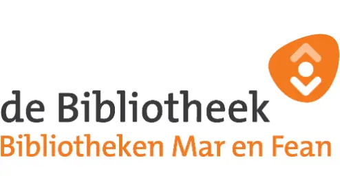 Logo van 'de Bibliotheek Bibliotheken Mar en Fean' met oranje en grijze tekst naast een oranje schildpictogram met een wit vinkje.
