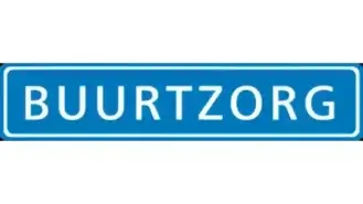 Logo van buurtzorg, met de bedrijfsnaam in witte tekst op een blauwe rechthoekige achtergrond met rand.