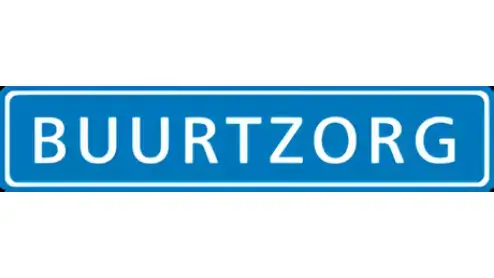 Logo van buurtzorg, met de bedrijfsnaam in witte tekst op een blauwe rechthoekige achtergrond met rand.