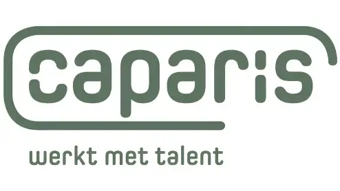 Logo van caparis met gestileerde tekst in een afgeronde rechthoek, met daaronder de slogan "werkt met talent" in het Nederlands.