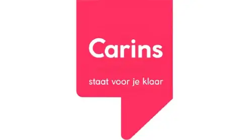 Logo van carins met een roze tekstballon en de tekst "staat voor je klaar" in het wit.