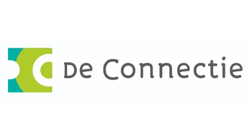 Logo van "De Connectie" met een gestileerd groen en blauw rond pictogram naast de bedrijfsnaam in grijze tekst.