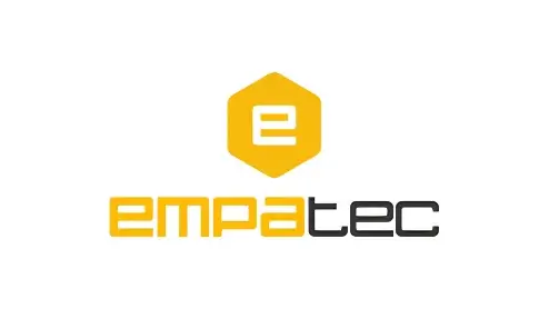 Logo van empatec met een gele zeshoek met daarin de letter "e", boven het kleine woordmerk "empatec" in grijs lettertype.