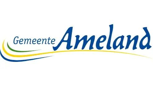 Logo van gemeente ameland met gestileerde blauwe tekst met daaronder een gele en groene golf.