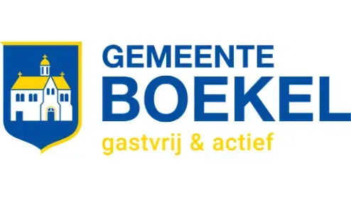 Logo van gemeente boekel met een blauw en geel schild met een kerkicoon, vergezeld van de tekst "gastvrij & actief.