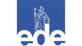 Logo met een gestileerde witte figuur van Hermes met een caduceus, tegen een blauwe achtergrond, bedekt met de kleine letters "ede.
