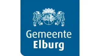 Logo van Gemeente Elburg met centraal een wapen geflankeerd door twee leeuwen op een blauwe achtergrond.