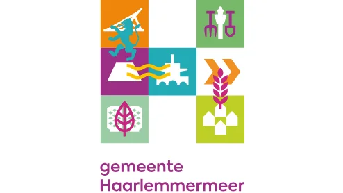 Logo van de gemeente Haarlemmermeer met kleurrijke abstracte iconen, waaronder een boom, fiets en gebouwen.