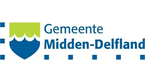 Logo van de gemeente midden-delfland, voorzien van een gestileerd blauw schild met golven en de naam in blauwe tekst.
