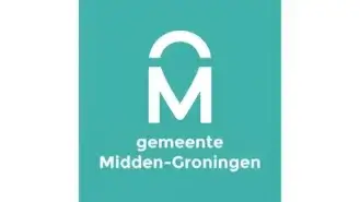 Logo van gemeente midden-groningen met een gestileerde witte 'm' in een cirkel op een blauwgroen achtergrond, met daaronder de naam.
