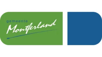 Logo van Gemeente Montferland, met gestileerde tekst in groen met een blauwe swoosh op een afgeronde rechthoekige achtergrond opgesplitst in groene en blauwe helften.