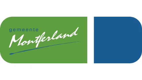 Logo van Gemeente Montferland, met gestileerde tekst in groen met een blauwe swoosh op een afgeronde rechthoekige achtergrond opgesplitst in groene en blauwe helften.