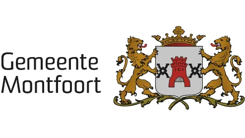 Logo van de gemeente Montfoort met een wapen met centraal schild geflankeerd door twee leeuwen met daarboven een kroon.