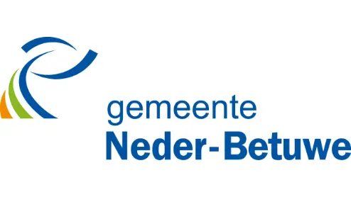 Logo van de gemeente Neder-Betuwe met een gestileerde blauwe werveling en kleurrijke strepen boven de tekst "gemeente Neder-Betuwe".