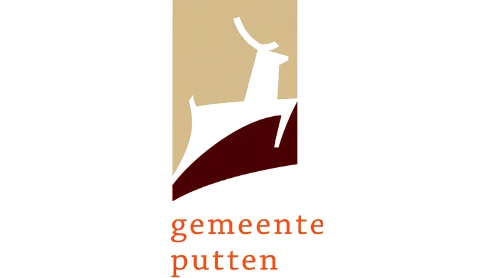 Logo van Gemeente Putten met een gestileerd wit hert op een bruin en beige achtergrond met daaronder de tekst "gemeente putten".