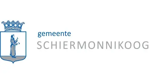 Logo van gemeente Schiermonnikoog met een gestileerde figuur in traditionele klederdracht binnen een blauw heraldisch schild, bekroond met een kroon.