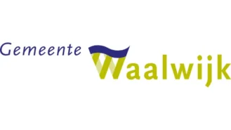 Logo van Gemeente Waalwijk met gestileerde blauwe en groene tekst en een afbeelding die lijkt op een W in blauwe en paarse kleuren.