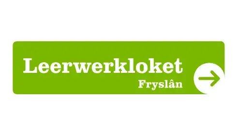 Groen rechthoekig bord met de tekst "leerwerkloket Fryslân" in witte letters en een witte pijl aan de rechterkant.