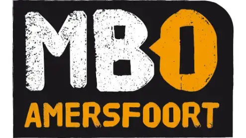 Logo van mbo amersfoort met verweerde witte en gele letters op een zwarte achtergrond.