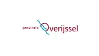 Logo van provincie overijssel met een gestileerde letter "o" in blauw en roze, met de tekst "provincie overijssel" in grijs.