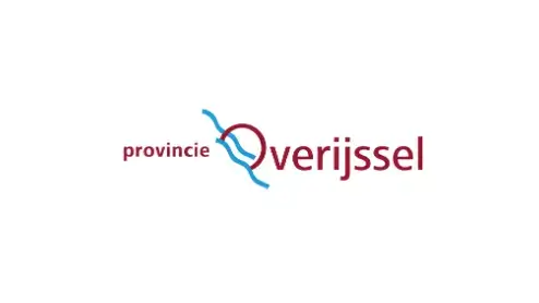 Logo van provincie overijssel met een gestileerde letter "o" in blauw en roze, met de tekst "provincie overijssel" in grijs.