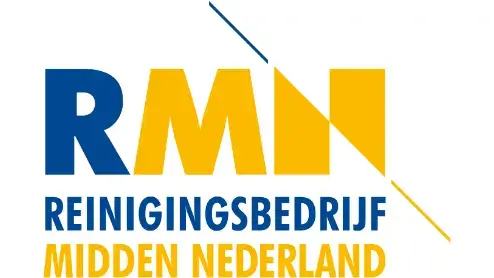 Logo van reinigingsbedrijf midden nederland met het acroniem "rmn" in blauw met een afbeelding van een gele en blauwe abstracte vorm.