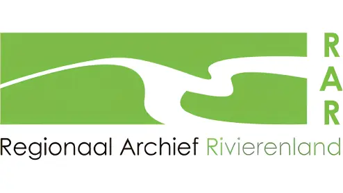 Logo van Regionaal Archief Rivierenland met een gestileerde witte rivierafbeelding op een groene achtergrond met de afkortingen "RAR.