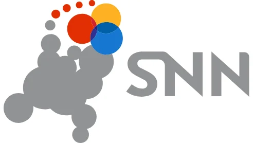 Logo met de tekst "SNN" in grijs naast een abstracte grijze vorm met een cluster van kleurrijke cirkels in rood, oranje, blauw en geel.