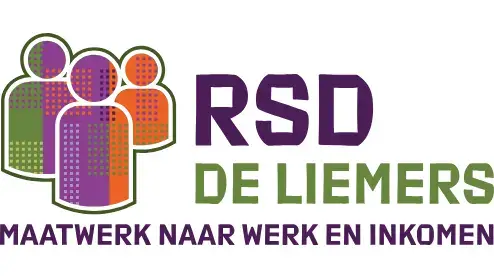 Logo van rsd de liemers met gestileerde mensfiguren in oranje en paars met daaronder de tekst "maatwerk naar werk en inkomen".