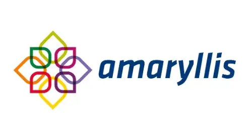 Logo van "amaryllis" met een gestileerd veelkleurig bloempictogram naast het kleine woordmerk in blauw.