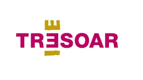 Logo van tresoar, met het woord "tresoar" in opvallende roze letters met een geel kroonpictogram boven de eerste letter.