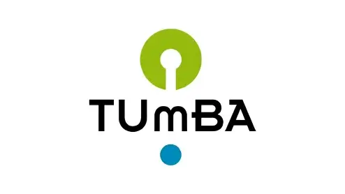 Logo van tumba met een groene cirkel met een sleutelgatontwerp boven het woord "tumba" in zwarte letters, en een kleine blauwe stip eronder.